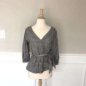 NORDSTROM BLACK WHITE PLAID TIE WAIST TOP